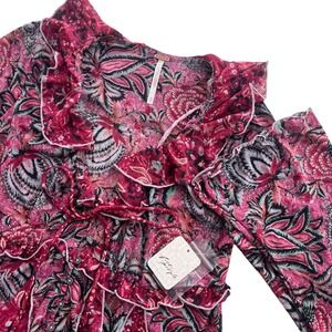 Free People Womens XS Raspberry Combo Ruffle Neck Tie Front Wildest Dreams Tunic